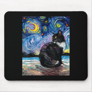 Tuxedo Cat On Beach Starry Night Impressionist Art Mouse Pad