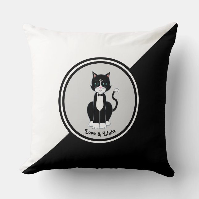 Tuxedo Cat on Black and White Cushion (Front)