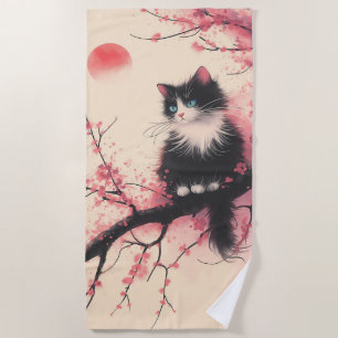 Tuxedo Cat on Cherry Blossom Japanese Aesthetic Beach Towel