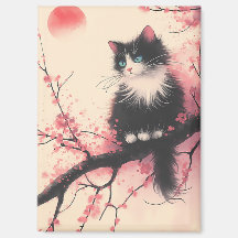Tuxedo Cat on Cherry Blossom Japanese Aesthetic