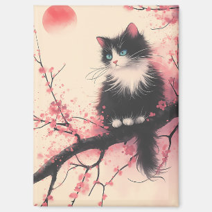 Tuxedo Cat on Cherry Blossom Japanese Aesthetic Magnet
