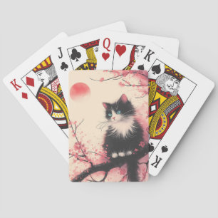 Tuxedo Cat on Cherry Blossom Japanese Aesthetic Playing Cards