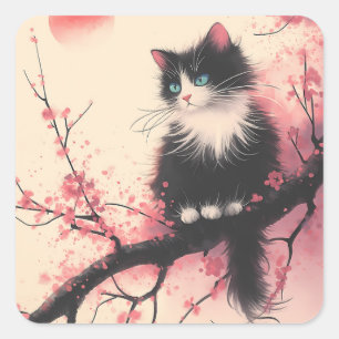 Tuxedo Cat on Cherry Blossom Japanese Aesthetic Square Sticker