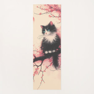 Tuxedo Cat on Cherry Blossom Japanese Aesthetic Yoga Mat