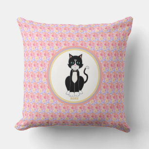 Tuxedo Cat on Flower Background Cushion