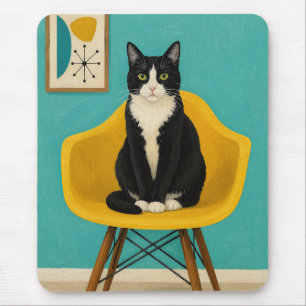 Tuxedo Cat On Yellow Mid Century Chair Mouse Pad