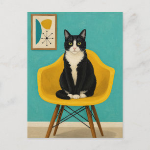 Tuxedo Cat On Yellow Mid Century Chair Postcard