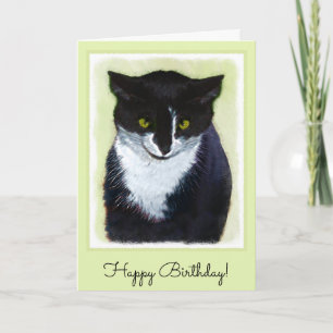 Tuxedo Cat Painting - Cute Original Cat Art Card