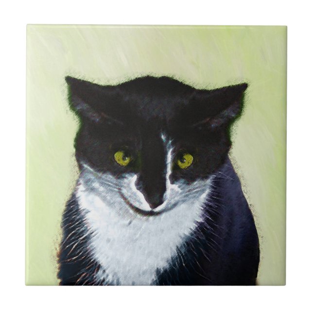 Tuxedo Cat Painting - Cute Original Cat Art Ceramic Tile (Front)