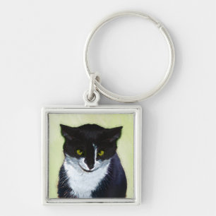 Tuxedo Cat Painting - Cute Original Cat Art Key Ring