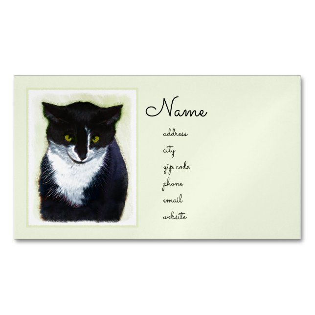 Tuxedo Cat Painting - Cute Original Cat Art Magnetic Business Card (Front)
