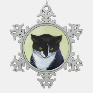 Tuxedo Cat Painting - Cute Original Cat Art Snowflake Pewter Christmas Ornament
