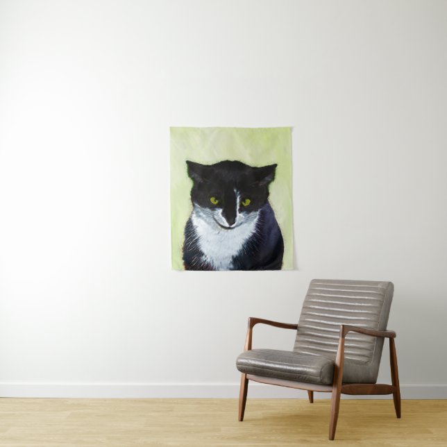 Tuxedo Cat Painting - Cute Original Cat Art Tapestry (In Situ)