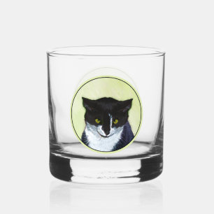 Tuxedo Cat Painting - Cute Original Cat Art Whiskey Glass