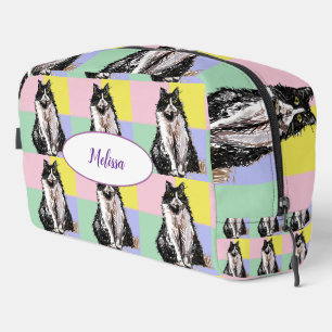 Tuxedo Cat Pastel Check Pink Yellow Girls Dopp Kit