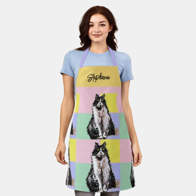 Tuxedo Cat Pastel Colours Pink Girls Name Apron (Worn)