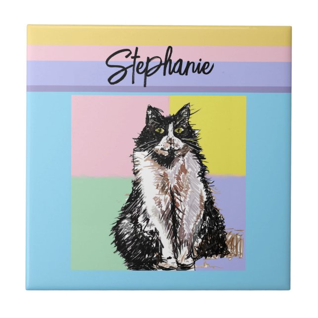 Tuxedo Cat Pastel Colours Pink Girls Name Ceramic Tile (Front)