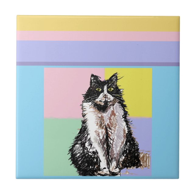 Tuxedo Cat Pastel Colours Pink Girls Name Ceramic Tile (Front)