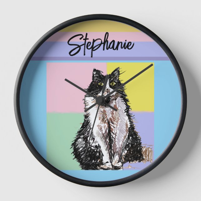Tuxedo Cat Pastel Colours Pink Girls Name Clock (Front)