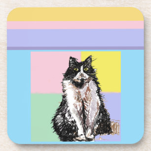 Tuxedo Cat Pastel Colours Pink Girls Name Coaster