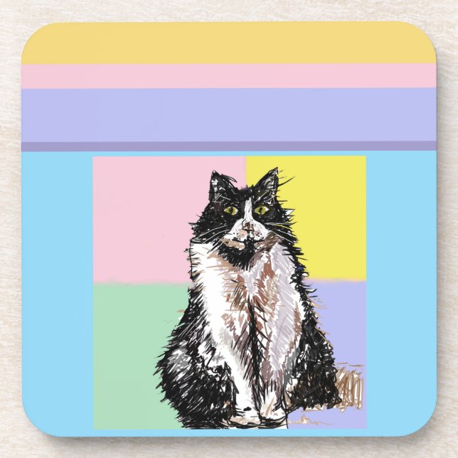 Tuxedo Cat Pastel Colours Pink Girls Name Coaster (Front)