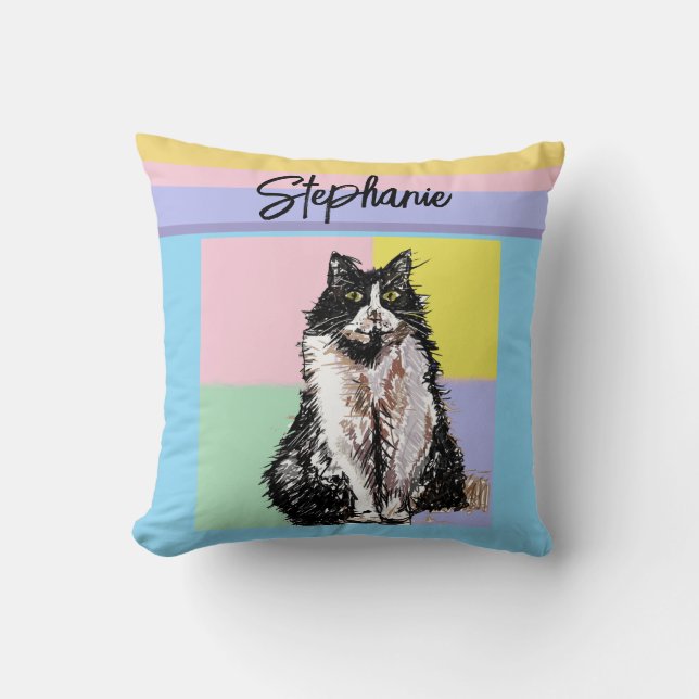 Tuxedo Cat Pastel Colours Pink Girls Name Cushion (Front)