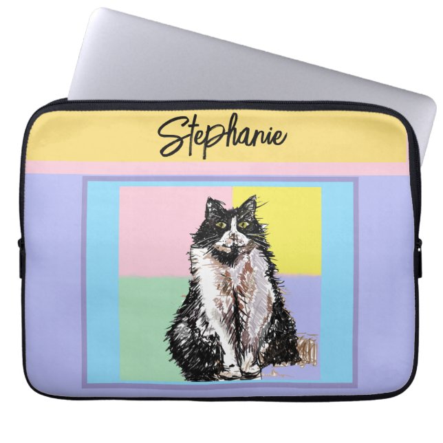 Tuxedo Cat Pastel Colours Pink Girls Name Laptop Sleeve (Front)