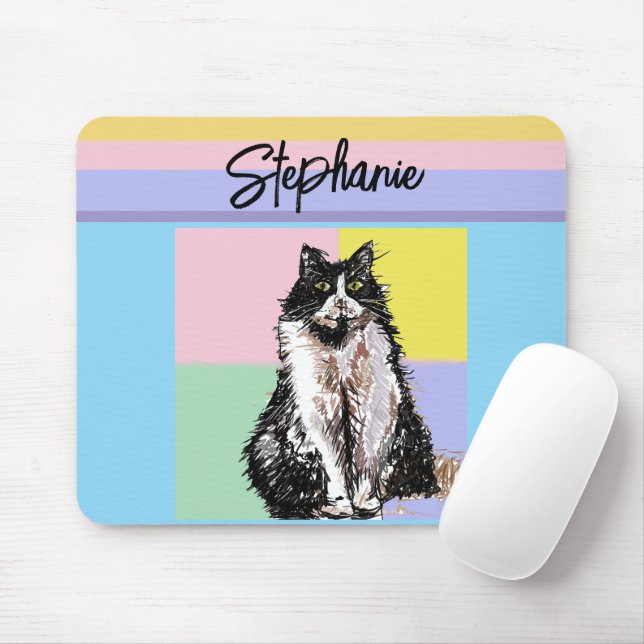 Tuxedo Cat Pastel Colours Pink Girls Name Mouse Pad (With Mouse)
