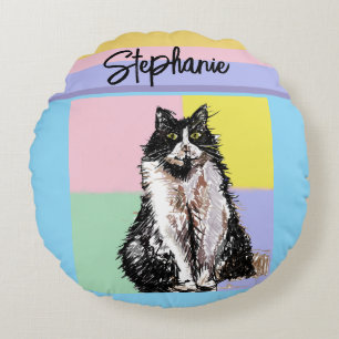 Tuxedo Cat Pastel Colours Pink Girls Name Round Cushion