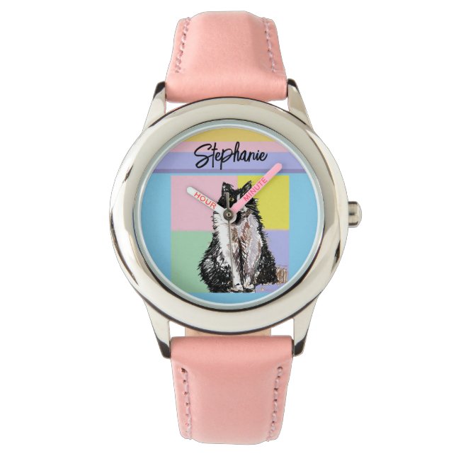 Tuxedo Cat Pastel Colours Pink Girls Name Watch (Front)