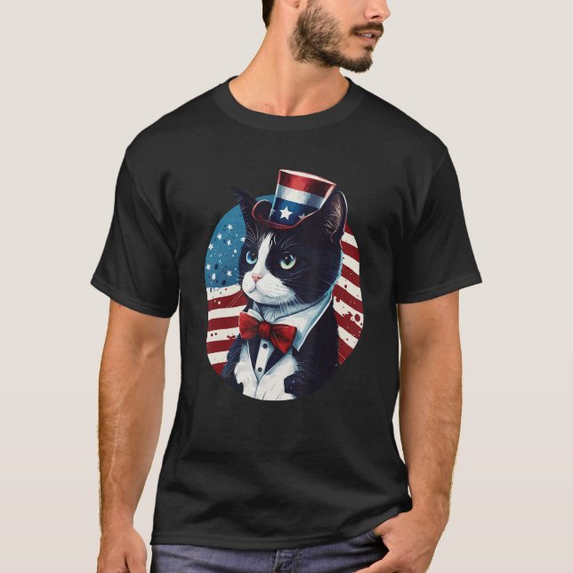 Tuxedo Cat Patriot USA 4th of July Men Women T-Shirt (Front)