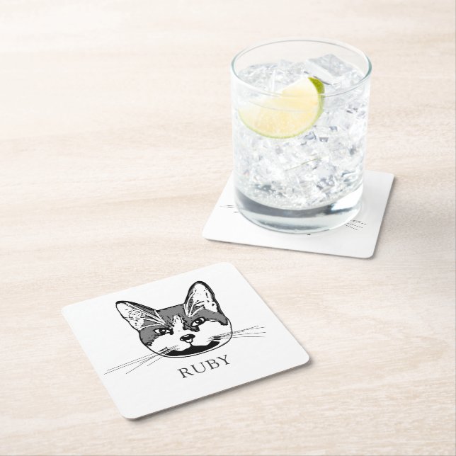 Tuxedo Cat Personalised Hand Drawing Square Paper Coaster (Insitu)