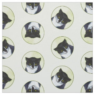 Tuxedo Cat Portrait Painting Cute Original Art Fabric