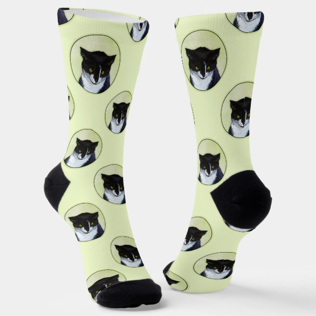 Tuxedo Cat Portrait Painting Cute Original Art Socks (Angled)