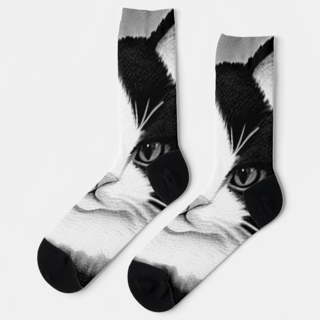Tuxedo Cat Portrait Painting Poster Socks (Left)