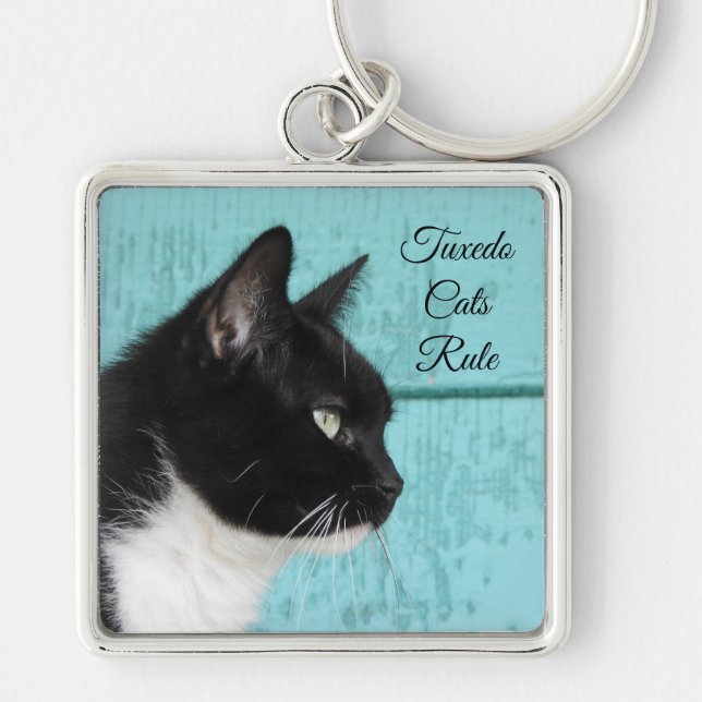 Tuxedo Cat Profile on Teal Key Ring (Front)