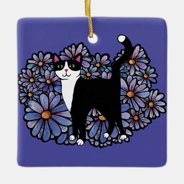 Tuxedo Cat Purple Daisies Art                      Ceramic Ornament (Front)