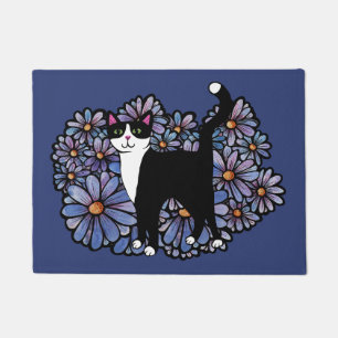 Tuxedo Cat Purple Daisies Art                      Doormat