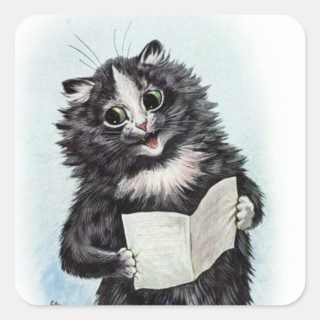 Tuxedo Cat Reading Illustration by Louis Wain Square Sticker (Front)