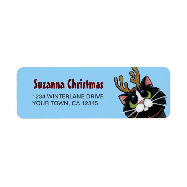 Tuxedo Cat Reindeer Christmas Return Address Label (Front)