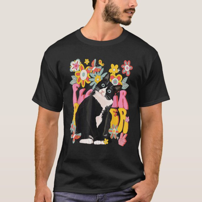 Tuxedo Cat Retro 60s 70s Vibe Flowers Peace Sign V T-Shirt (Front)