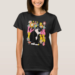 Tuxedo Cat Retro 60s 70s Vibe Flowers Peace Sign V T-Shirt