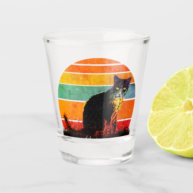Tuxedo Cat Retro Style Vintage Sunset Shot Glass (Front)