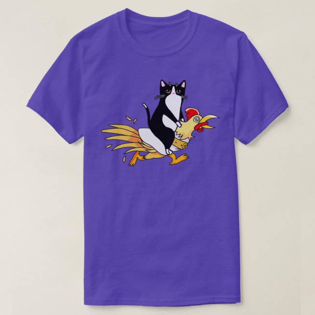 Tuxedo Cat Riding a Chicken for Men Women Catfathe T-Shirt (Design Front)