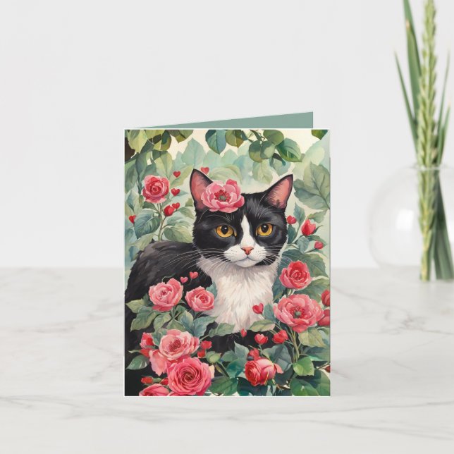 Tuxedo Cat & Roses Valentine's Day Card (Front)