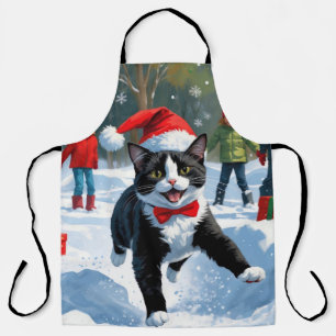 Tuxedo Cat Running in Snow with Christmas Hat Apron