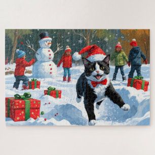Tuxedo Cat Running in Snow with Christmas Hat Jigsaw Puzzle