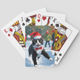 Tuxedo Cat Running in Snow with Christmas Hat Playing Cards