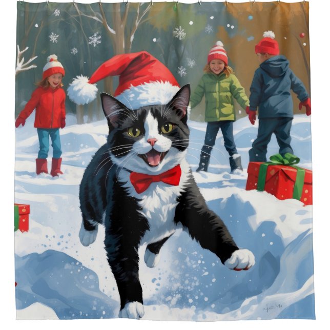 Tuxedo Cat Running in Snow with Christmas Hat Shower Curtain (Front)
