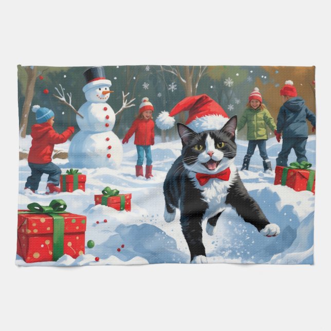 Tuxedo Cat Running in Snow with Christmas Hat Tea Towel (Horizontal)